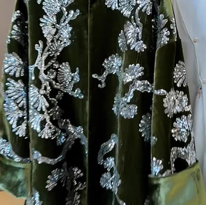 spring new new Chinese satin button-up top national style temperament jacquard green cotton jacket M3016