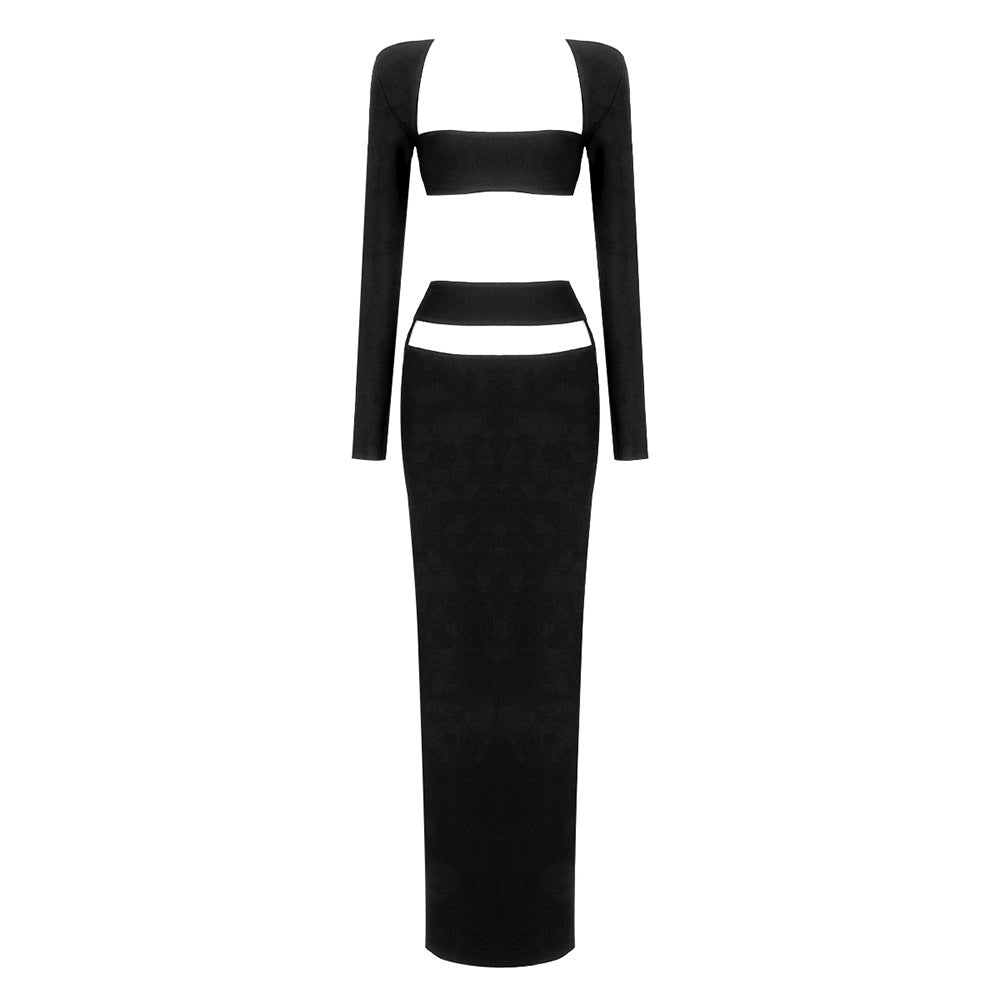LOVECCR Premium suit New two-piece set, black red long-sleeved top, elastic bandage long dress, 2025 women's clothing, autumn and winter