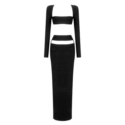 LOVECCR Premium suit New two-piece set, black red long-sleeved top, elastic bandage long dress, 2025 women's clothing, autumn and winter