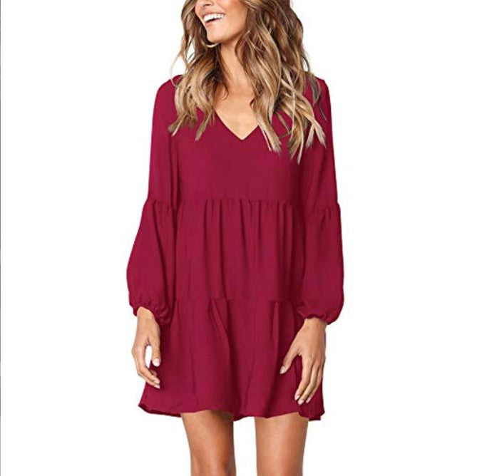 LOVECCR Cross-Border European and American Foreign Trade New Women's Fashion V-neck Long Sleeve Polka Dot Ruffled Loose Casual Temperament Dress