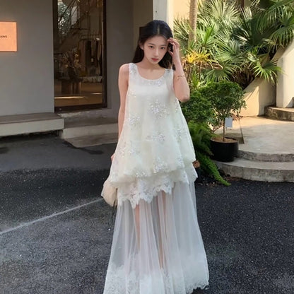summer new heavy industry beaded lace loose sleeveless flower vest embroidered gentle wind skirt set N5016