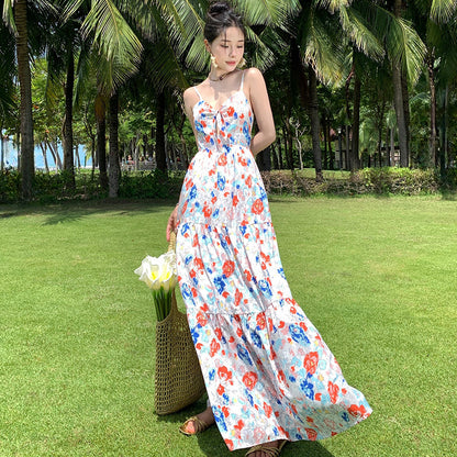 2025 travel wear beautiful floral suspender skirt Sanya vacation skirt to ankle beach dress long dress elegant