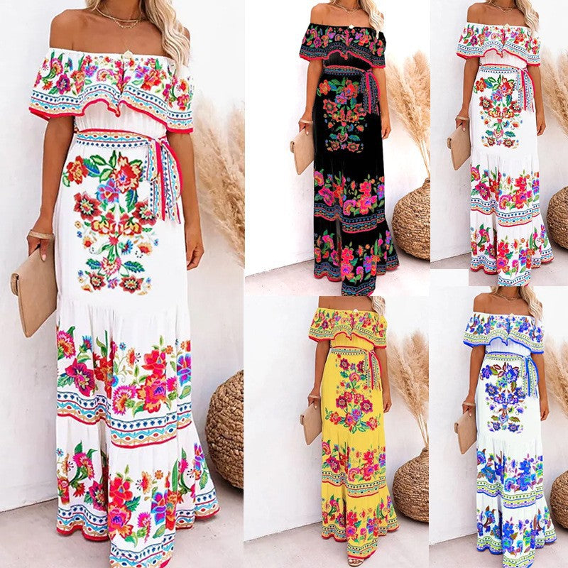 2025 Popularan, 2025n spring and summer independent station 's new one-word shoulder red flower printing long pendulum dress