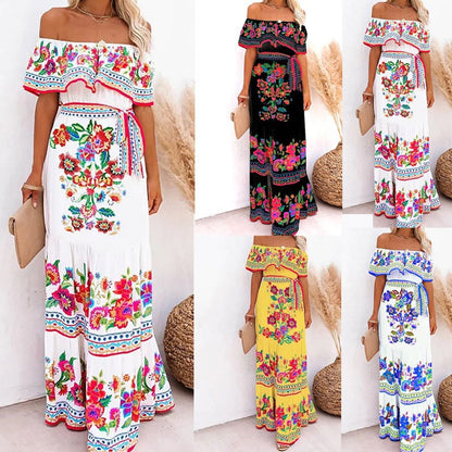 2025 Popularan, 2025n spring and summer independent station 's new one-word shoulder red flower printing long pendulum dress