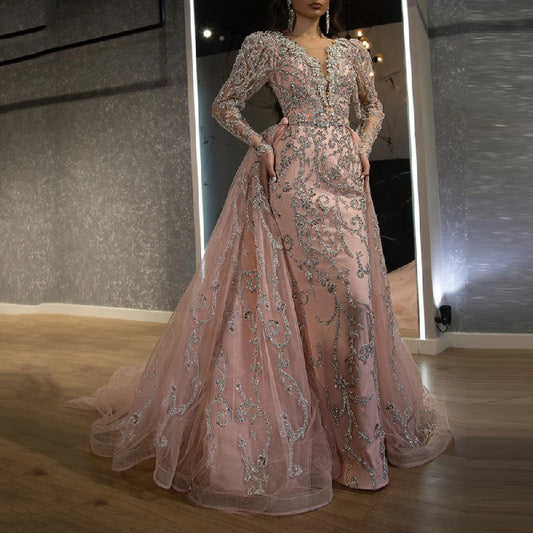 new  New women's clothing , dress sexy V-neck long-sleeved gold trailing evening dress