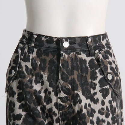 2025 spring and summer new  leopard print printing multi-pocket decorative design sense tooling denim casual trousers women