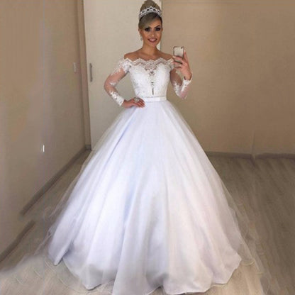 Hot trade supply wish  one-word shoulder V-neck slim-fitting fashion fluffy trailing wedding dress lace skirt