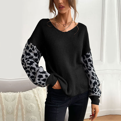 LOVECCR Popular trade autumn and winter popular new V-neck knitted pullover top loose and lazy leopard print splicing sweater women