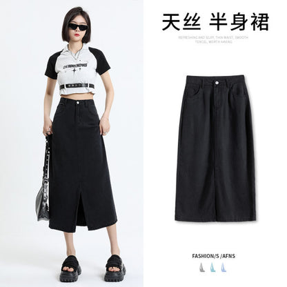 Lyocell Denim Skirt Women's Summer Thin High Waist Loose Split Ice Silk A- line Medium Long Sheath Skirt