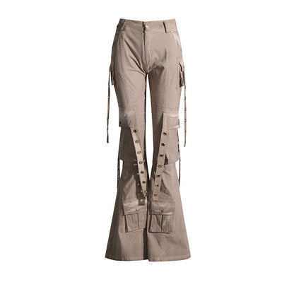 2025 spring new high-waisted horn trousers tooling style slim and thin versatile streamer decorative mopping casual pants