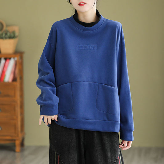 Turtleneck splicing solid color embroidered sweater women's velvet thickened autumn and winter new cotton solid color loose casual top