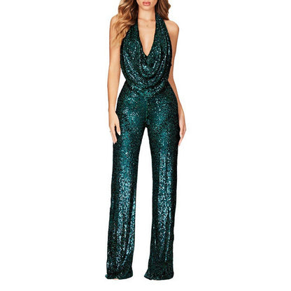 Spot 2025 new  2025 summer New jumpsuit women's sleeveless neck sequined jumpsuit women
