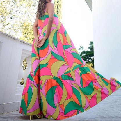 2025 summer 2025 Popular trade new commuter  long dress deep V-neck backless suspender printed dress