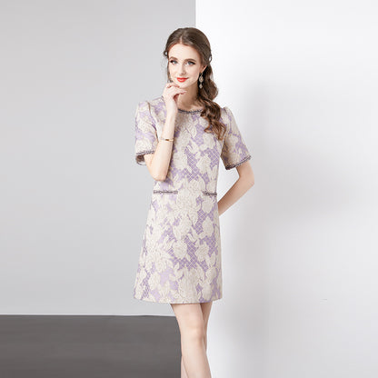 Temperament socialite short-sleeved women's a-word skirt fashionable and thin jacquard dress high-end summer  new