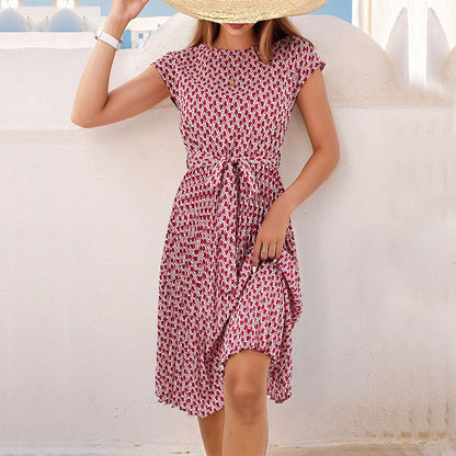LOVECCR Summer short-sleeved lace-up pleated dress  temu hot sale fashionable women's clothing elegant temperament simple skirt