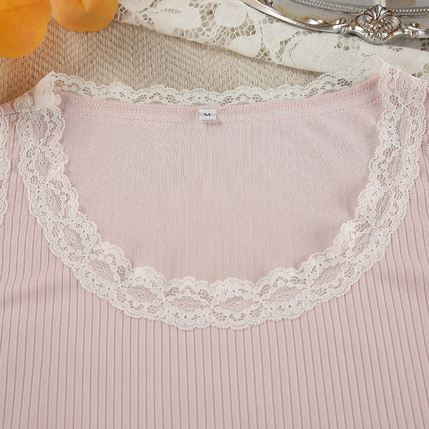 LOVECCR 2025 spring  pink knitted pit strip splicing lace pajamas two-piece sleeveless shorts women's loungewear
