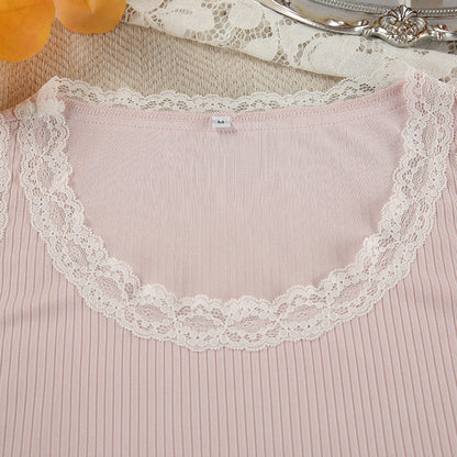 LOVECCR 2025 spring  pink knitted pit strip splicing lace pajamas two-piece sleeveless shorts women's loungewear