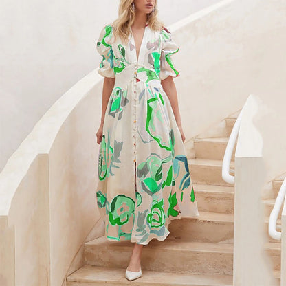 2025 spring New new 2025  women's beach dress slim-fitting pendulum four-sided elastic printing dress