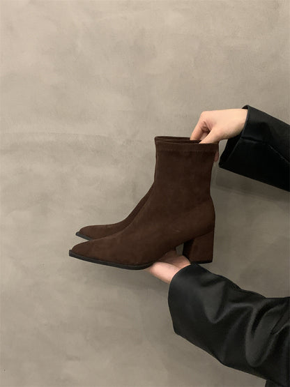 2025  High Heel Black Skinny Boots Fried Street Small Short Boots Women's Shoes Autumn and Winter popular New Suede Pointed Korean Naked Boots