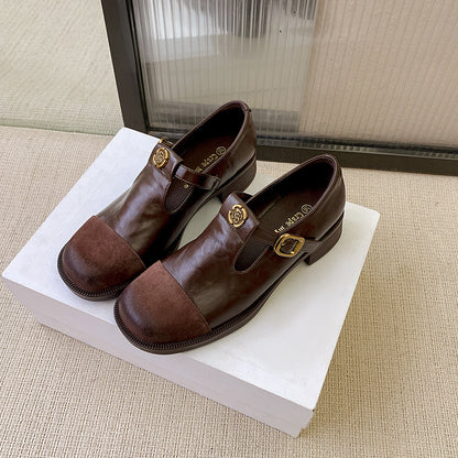 2025 Cowhide version~ 2025 spring new retro camellia Mary Jane shoes women's thick heel one pedal round head small leather shoes