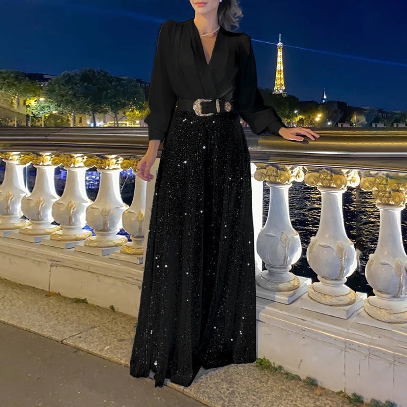 New women's clothing  new models, fashionable V-neck long-sleeved shirt temperament elegant waist and thin sequins wide legs