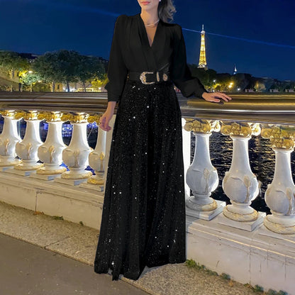 New women's clothing  new models, fashionable V-neck long-sleeved shirt temperament elegant waist and thin sequins wide legs