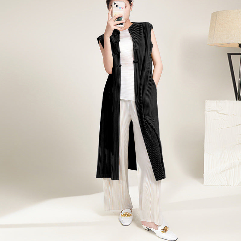 2025 sleeveless trench coat vest long slim and thin versatile split pleated retro Chinese coat female autumn