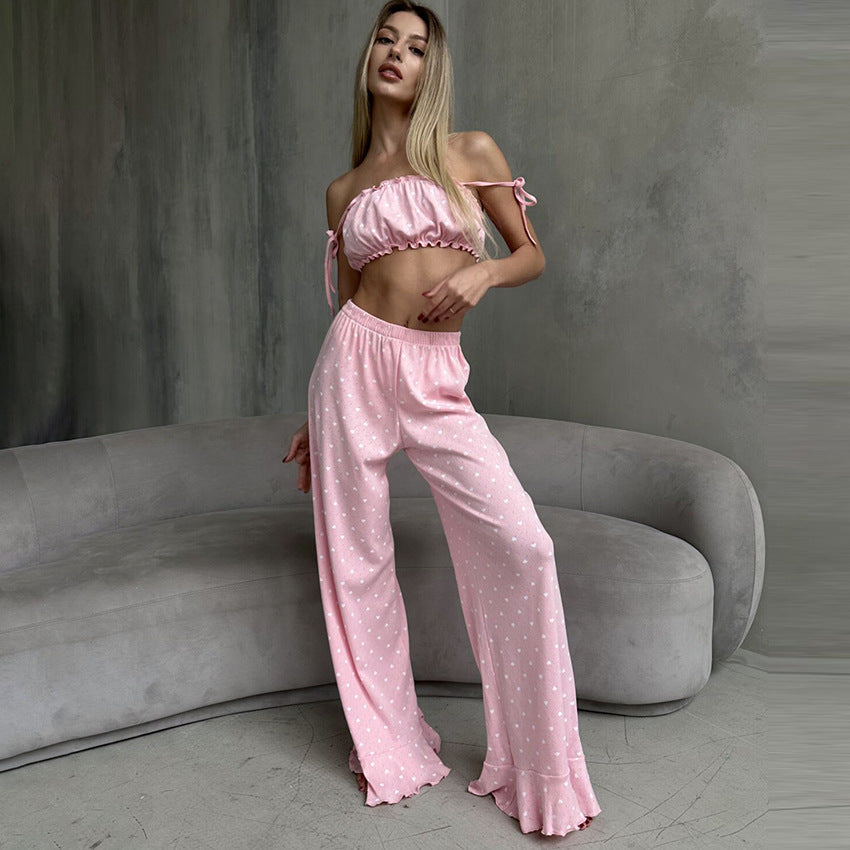 LOVECCR 2025 Popular,   pink knitted hollow jacquard pajamas two-piece set of love printing suspenders trousers women's loungewear