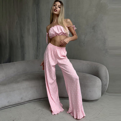 LOVECCR 2025 Popular,   pink knitted hollow jacquard pajamas two-piece set of love printing suspenders trousers women's loungewear