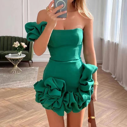 2025 25 Summer new New  women's clothing dress ruffle edge flower bud waist dress single shoulder tube top hip skirt