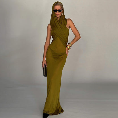 LOVECCR Summer turmeric sleeveless cross-hooded mesh dress 2025 women's clothing New new sexy backless long dress