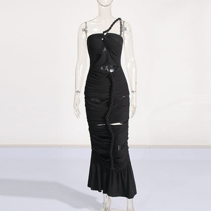 LOVERCCR  Summer New One-Shoulder Hollow Design Twist Pleated Slim Slimming Bandage One-Piece Dress Women's Formal Dress