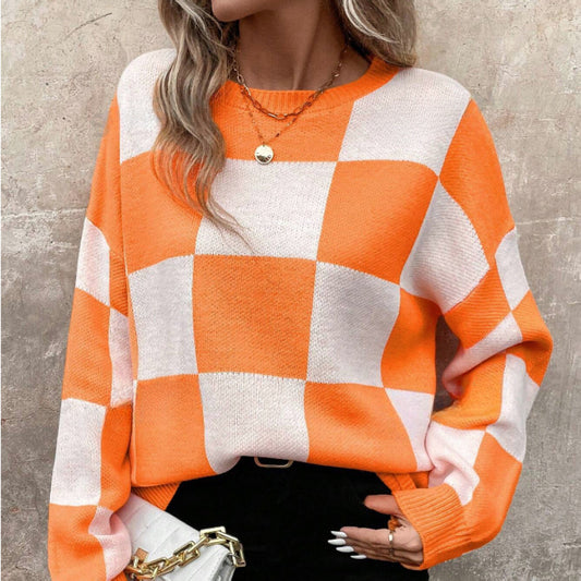 new loose pullover crew neck women's sweater  Popular trade women's clothing casual style plaid contrasting color pullover