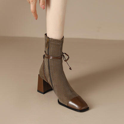 2025  Retro temperament new square head thousand bird grid Martin boots women's popular spring and autumn bow thick heel small fragrant short boots