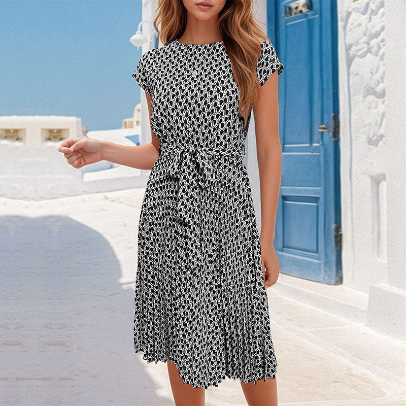 LOVECCR Summer short-sleeved lace-up pleated dress  temu hot sale fashionable women's clothing elegant temperament simple skirt