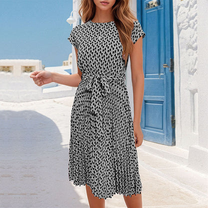LOVECCR Summer short-sleeved lace-up pleated dress  temu hot sale fashionable women's clothing elegant temperament simple skirt