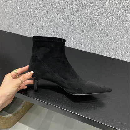2025  Autumn and winter soft-soled elastic thin boots pointed-toed thin-heeled boots women's short boots small heel versatile black suede single boots