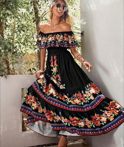 2025 Popular trade spring and summer  independent station wish new one-word shoulder printing long pendulum dress