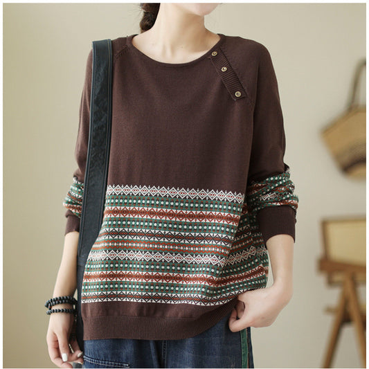 Temperament Striped Jacquard Knitted Sweater Women's Loose Long Sleeve Autumn and Winter New Retro Crew Neck Casual Versatile Bottom Sweater