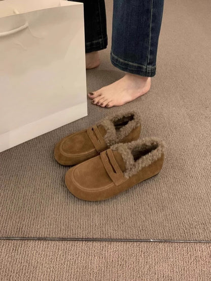 2025  Japanese velvet Birkenstocks women's popular winter new lazy one-pedal beanie shoes pregnant women flat-bottomed warm cotton shoes