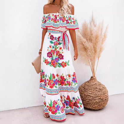 2025 Popularan, n spring and summer independent station 's new one-word shoulder red flower printing long pendulum dress