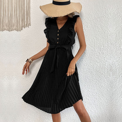 LOVECCR waist skirt Hot summer new 2025 women's clothing ruffle edge summer pleated sleeveless dress