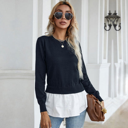 LOVECCR New popular autumn new product fashion shirt splicing top pullover fake two-piece knitted sweater women's clothing