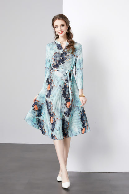 Temperament printed dress women's autumn new retro pleated round neck casual loose atmosphere and thin