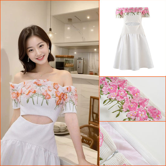one-word shoulder dress women's summer new waist design three-dimensional flower temperament long dress L5027