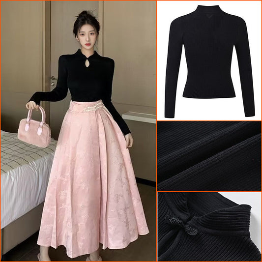Rich family daughter fashion autumn and winter Chinese top female slim bottom horse skirt fashion suit two-piece set LZ813