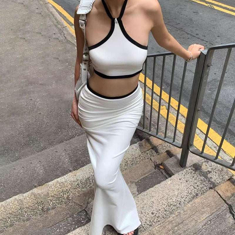 LOVECCR 2025 AC028  summer new neck ultra-short chest-wrapped halter top hip-wrapped split skirt casual suit