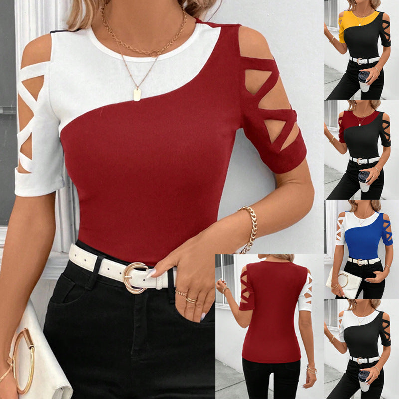 2025 Popular trade New  spring and summer new classic color matching cross-shoulder slim top T-shirt women