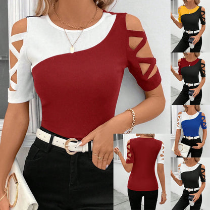 2025 Popular trade New  spring and summer new classic color matching cross-shoulder slim top T-shirt women