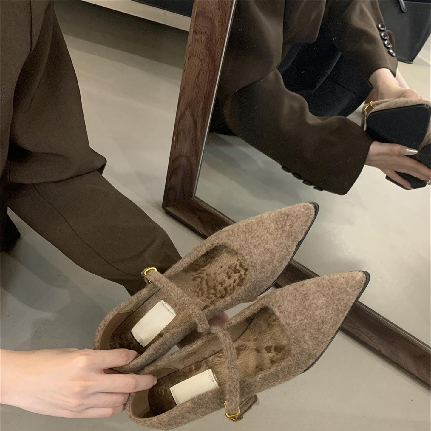2025  Evening breeze gentle material shallow mouth single shoes velvet one-word buckle Mary Jane shoes pointed thick heel cotton ladyshoes women